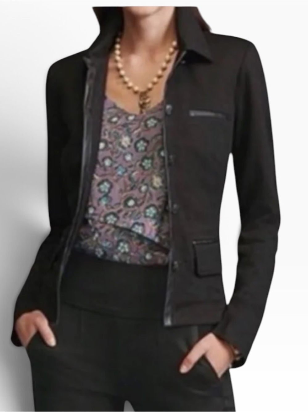 CAbi Black Ponte Knit "Tudor" Collared Button Front Jacket #3376